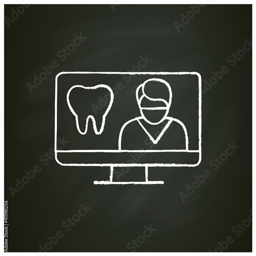 Online dentistry chalk icon. Telehealth medical care. Virtual dentist consultation. Telemedicine, health care concept. Online stomatology, dental medicine. Isolated vector illustration on chalkboard 