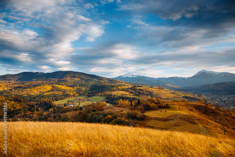 Idyllic sunny day in autumn mountains. Location place of Carpathian mountains, Ukraine.