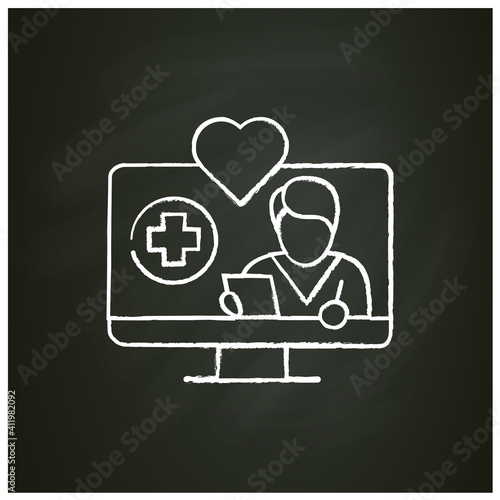 Online nursing chalk icon. Telehealth medical care. Virtual nurse assistance, consultation. Telemedicine, health care concept. Online medical examinations. Isolated vector illustration on chalkboard
