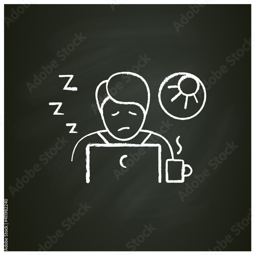 Narcolepsy chalk icon. Sleep disorder. Healthy sleeping concept. Sleep problems treatment. Falling asleep in day time. Stress. Fatigue. Health care. Isolated vector illustration on chalkboard