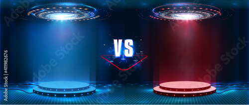 VS, Versus futuristic design. Battle headline template. Futuristic abstract technology background. Circle teleport with sparks on transparent background. Sci-fi concept design. Modern tournament.