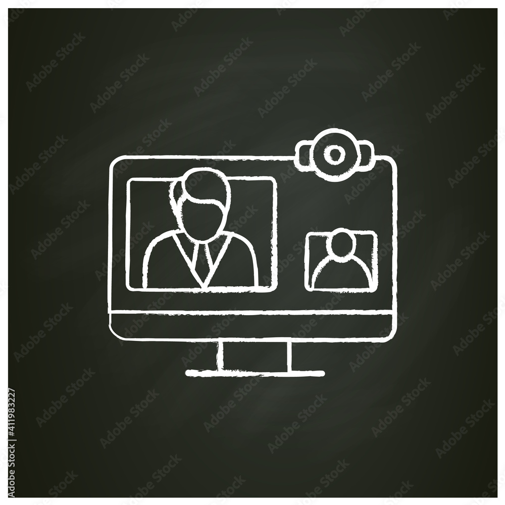 Video telephony chalk icon. Video conference call with doctor. Telehealth medical care. Virtual medical consultation. Telemedicine, health care concept. Isolated vector illustration in chalkboard Video telephony chalk icon. Video conference call with doctor. Telehealth medical care. Virtual medical consultation. Telemedicine, health care concept. Isolated vector illustration in chalkboard
