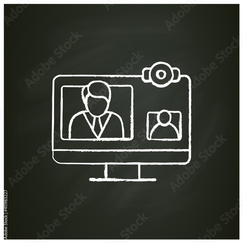 Video telephony chalk icon. Video conference call with doctor. Telehealth medical care. Virtual medical consultation. Telemedicine, health care concept. Isolated vector illustration in chalkboard