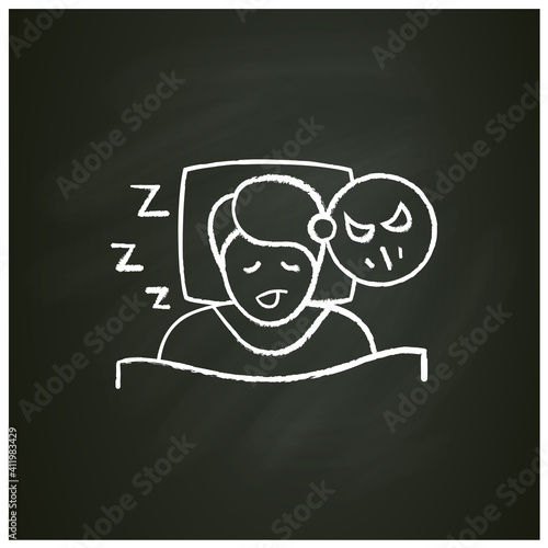 Nightmares chalk icon. Night terror. Sleep disorder. Healthy sleeping concept. Sleep problems treatment. Stress symptom. Health care. Isolated vector illustration on chalkboard