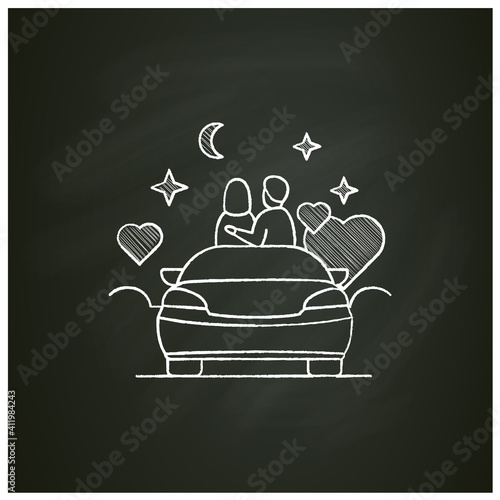 Car date night chalk icon. Romantic pastime concept. Comfortable car helps relax together under starry sky. Romantic vibes concept. Isolated vector illustration on chalkboard