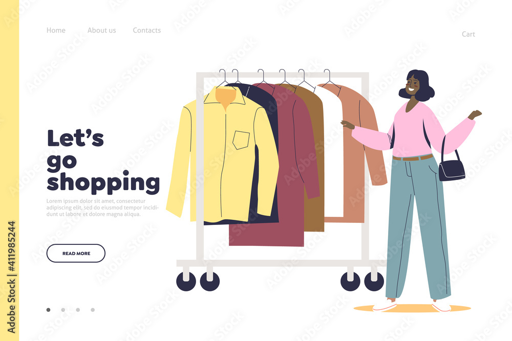 Shopping in store concept of landing page with woman choosing clothes on hanger Shopping in store concept of landing page with woman choosing clothes on hanger