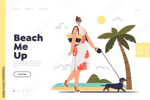 Summer beach activity concept of landing page with woman walking with dog on leash over palm trees