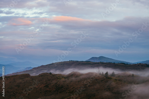 Scenic dawn mountain landscape with fog on hill with trees and mountain top under blue sunset or sunrise cloudy sky. Atmospheric scenery with low clouds among trees and mountain peak at sundown. © Daniil