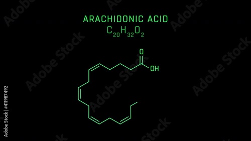 Arachidonic acid or AA sometimes ARA Molecular Structure Symbol Neon Animation on black background photo