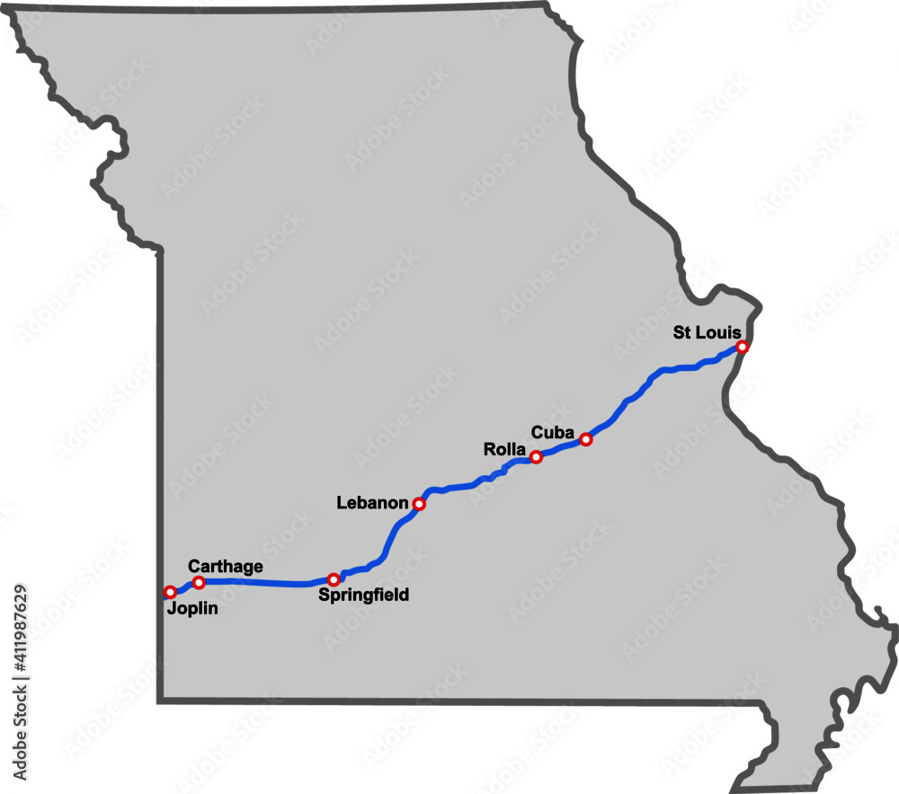 Illustration of the state of Missouri showing historic Route 66 and some of the towns it passes through.