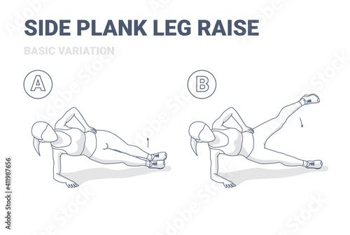 Side Plank Leg Raise Female Home Workout High-Intensity Exercise Guide Illustration. Woman Working on Her Legs and Abs.