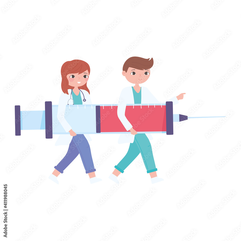 cartoon female and male doctor with syringe vaccine medical design vector