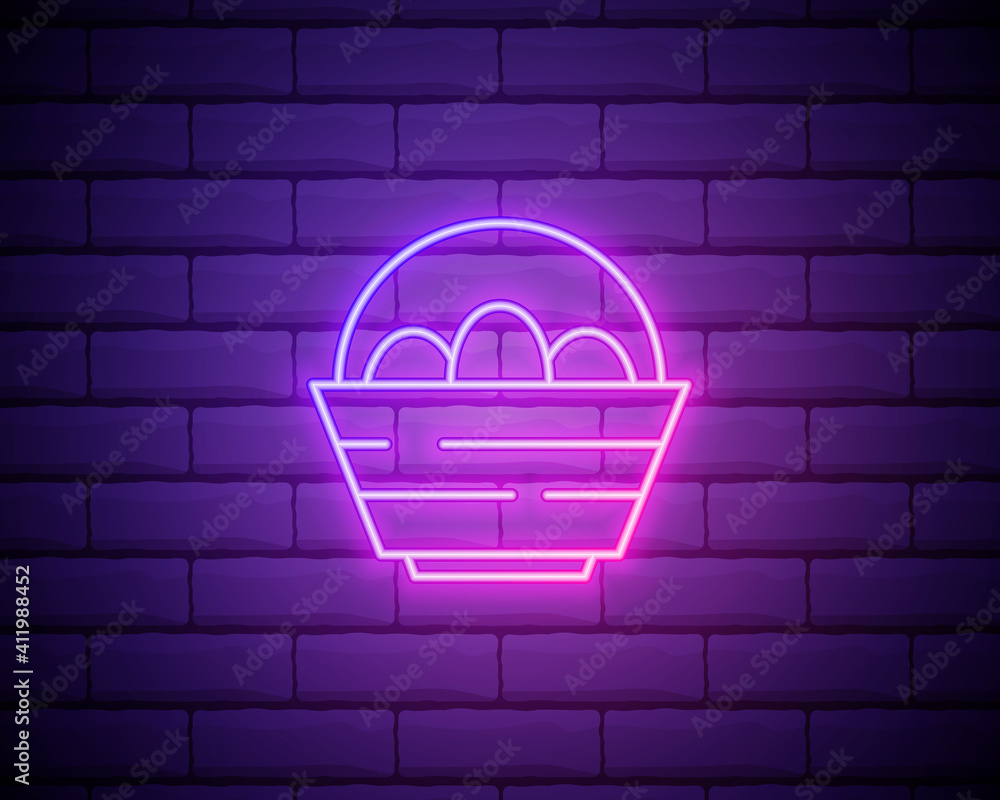 Glowing neon line Basket with Easter eggs icon isolated on brick wall background. Happy Easter. Vector Illustration Glowing neon line Basket with Easter eggs icon isolated on brick wall background. Happy Easter. Vector Illustration