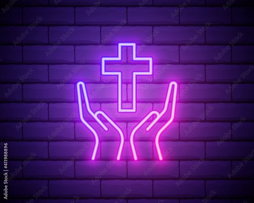 Praying hands neon sign. Gratitude or prayer design. Night bright neon
