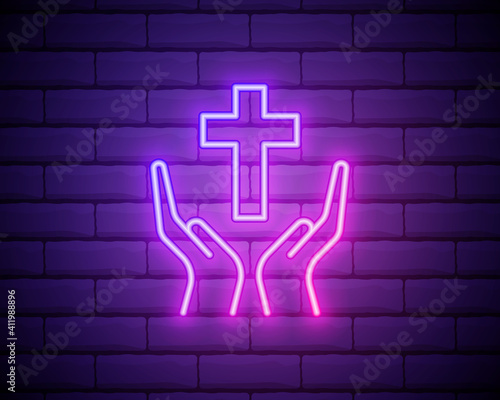 Praying hands neon sign. Gratitude or prayer design. Night bright neon sign, colorful billboard, light banner. Vector illustration in neon style.