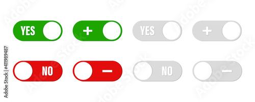 Yes , no switch buttons . Set of buttons with consept choice,  yes or no , plus or minus.Vector illustration on white background.