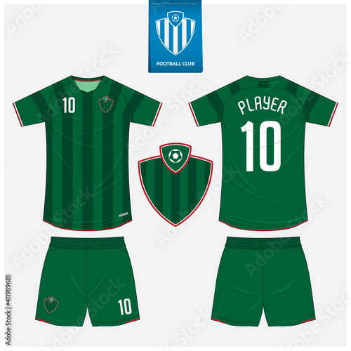 Green soccer jersey or football kit mockup template design for sport club. Soccer logo in flat design. 