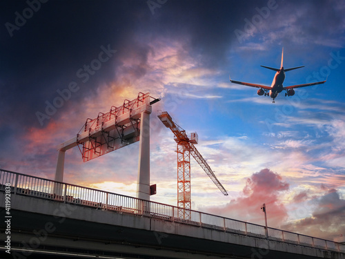 Photography Highway and feeder road at the airport to the air cargo transport center with airplane port