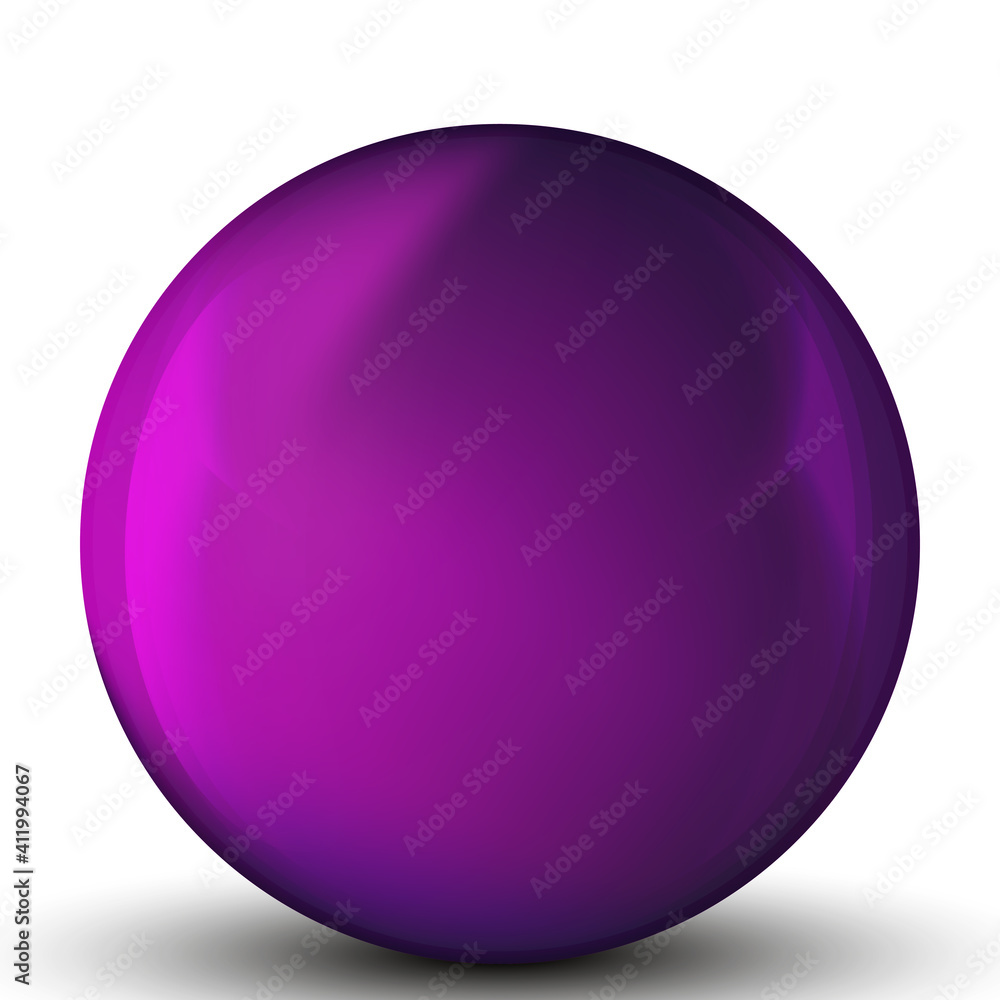 Glass purple ball or precious pearl. Glossy realistic ball, 3D abstract vector illustration highlighted on a white background. Big metal bubble with shadow.