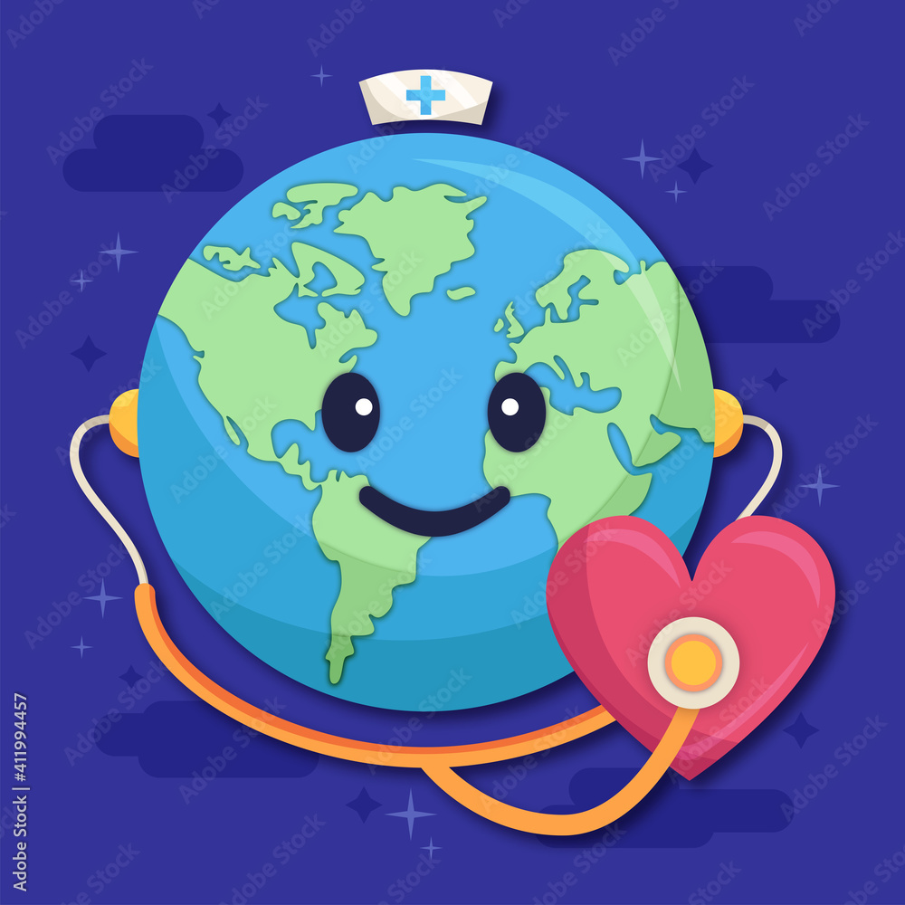 World health day. Earth with a Stethoscope and a heart
