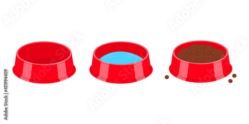 Pet bowls empty, filled with water and food. Dog or cat plastic plates isolated on white background. Vector cartoon illustration.