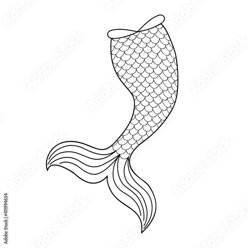 Hand drawn mermaid tail isolated on white background. Element of mermaid costume, decoration for greeting card or tshirt design. Black and white vector illustration in doodle style.