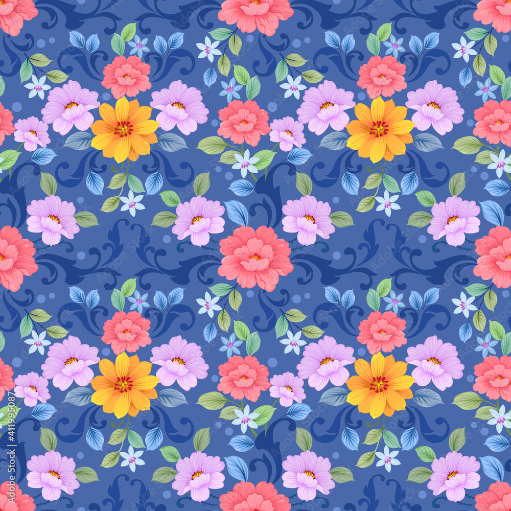 Colorful flowers design on blue background seamless pattern for fabric textile wallpaper. Colorful flowers design on blue background seamless pattern for fabric textile wallpaper.