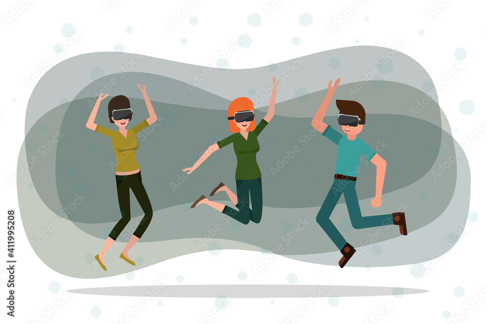 man and women dancing in the glasses of virtual reality. vector cartoon illustration. augmented reality party.