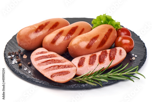 Grilled pork sausages, isolated on white background