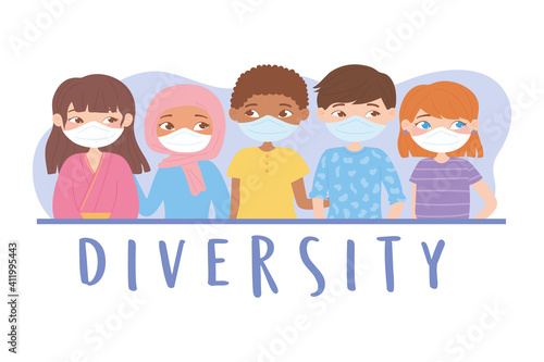 diverse group of girls and boys wearing face masks
