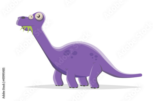 funny purple cartoon dinosaur eating plants