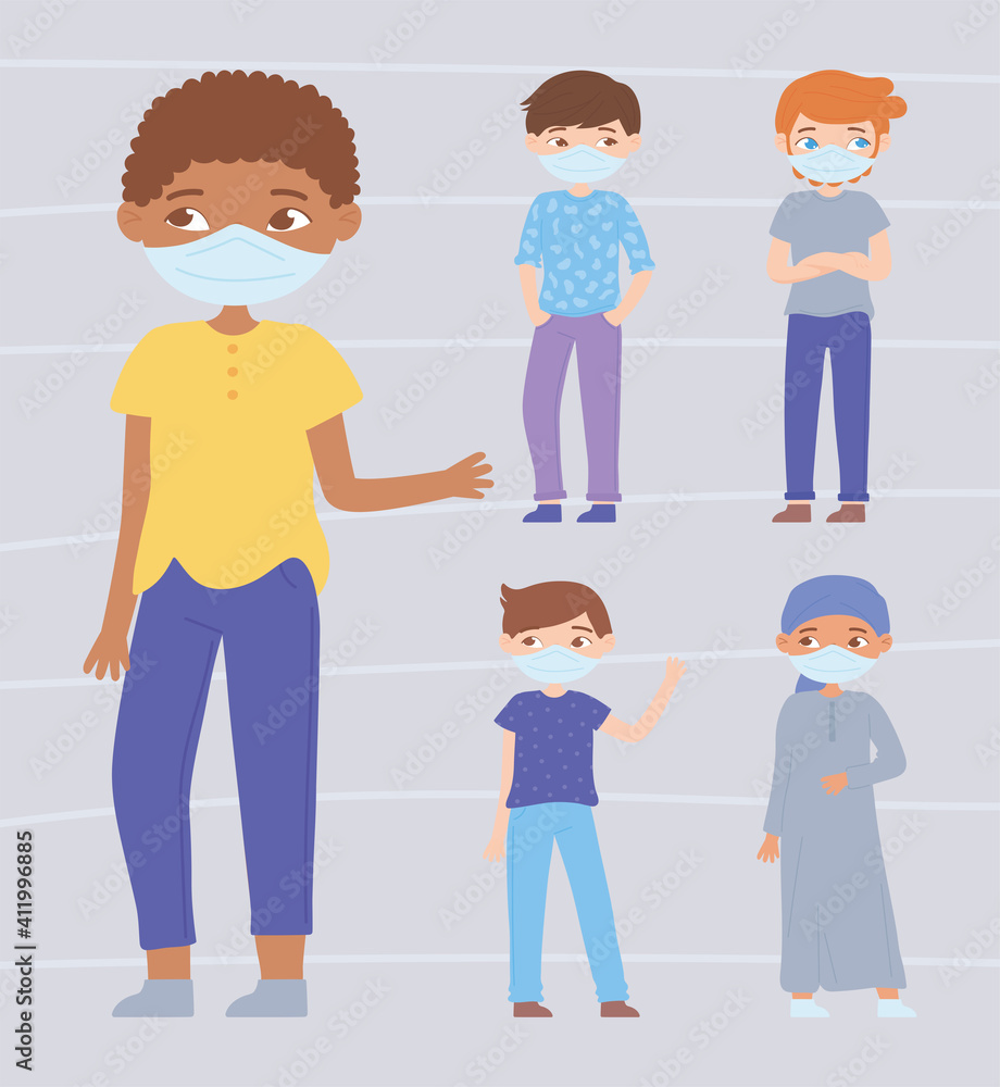 group of different boys wearing face mask for virus protection