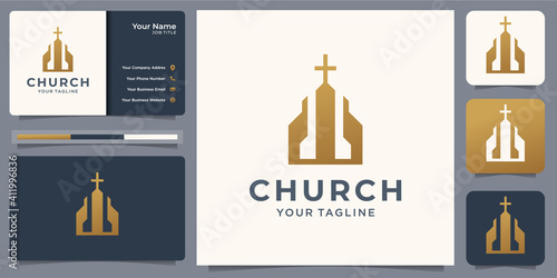 church symbol or christian logo design gold concept,modern,clean,simple and elegant. vector template with business card. premium vector