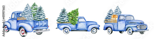 Christmas blue vintage pick up with christmas tree and gifts. Hand painted watercolor illustration isilated on white background. Side and back view