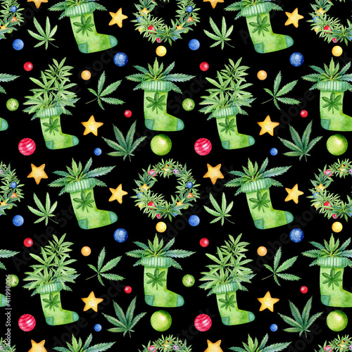 Watercolor seamless pattern with cannabis leaves and christmas stockings, wreathes and decorations. Black background
