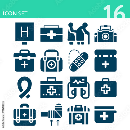 Simple set of 16 icons related to medical care