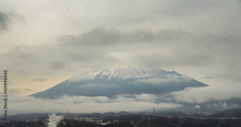 Mount Fuji hidden behind clouds, Japan