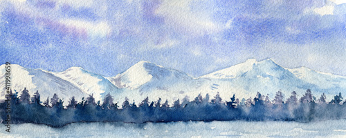 Watercolor painting with mountain scenery. Winter landscape illustration © Svetlana
