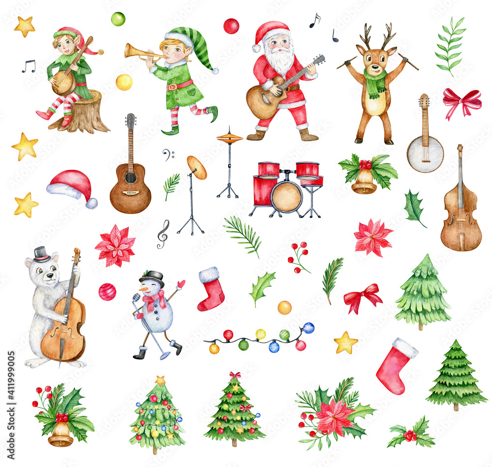 Fototapeta premium Watercolor new year cartoon illustration with santa claus, elfes, bear, reindeer, snowman playing musical instruments. Watercolor illustration isolated on white background