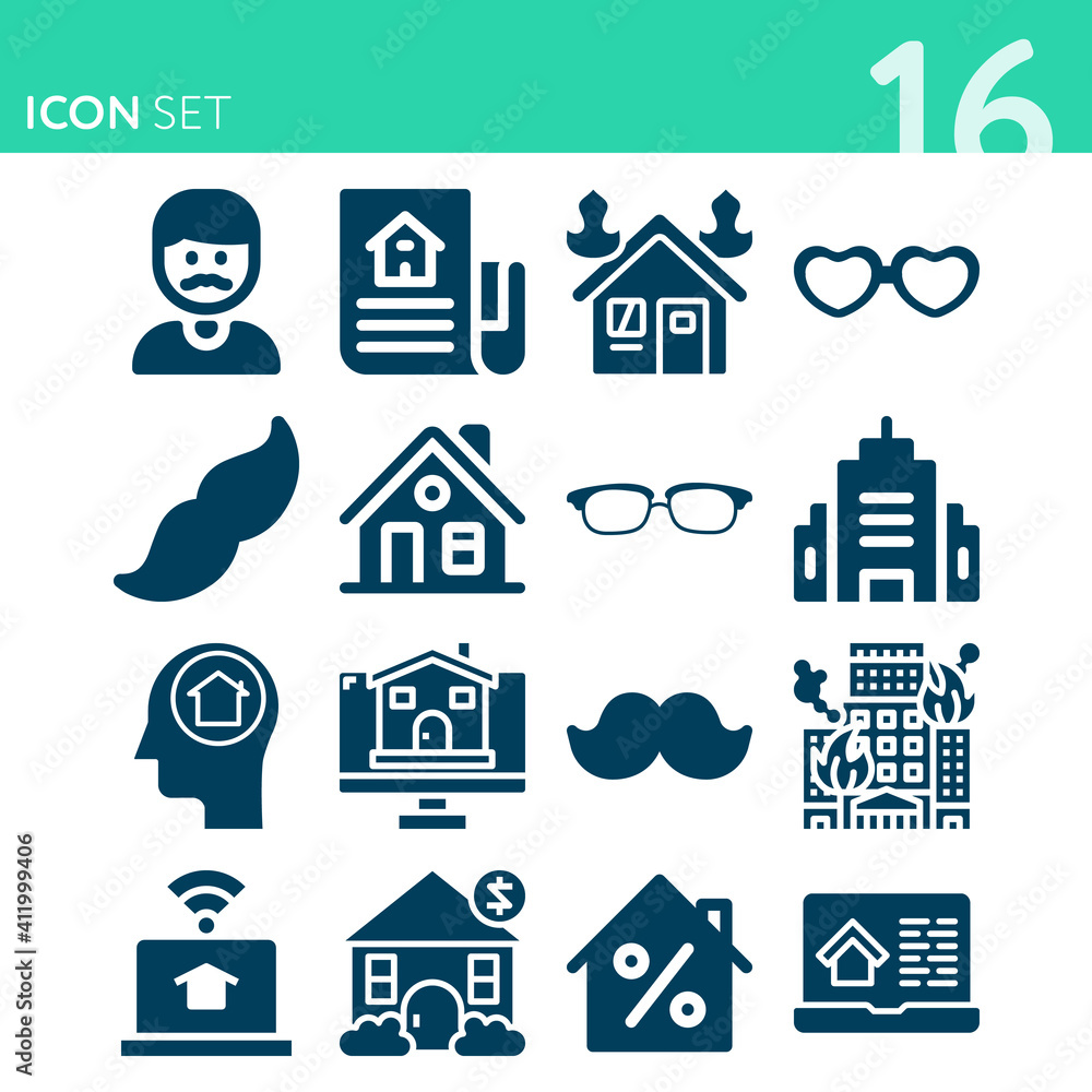 Simple set of 16 icons related to irrational number