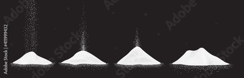 Sugar, salt or flour heap. Vector illustration set of white falling powder on black background.