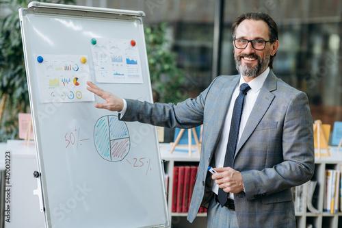 Successful business male making presentation at online conference. A Confident mature man in formal suit looks at the camera, smiling, stands near flipchart in modern office photo