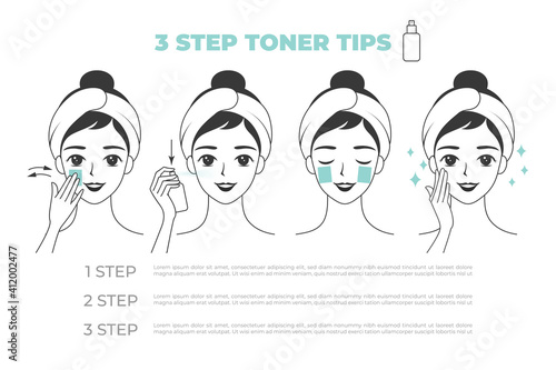 Face care routine. girl cleaning and care her face with various actions set. skincare .