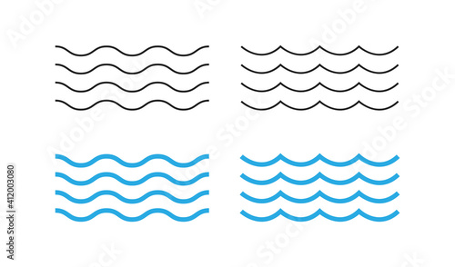 Sea wave icon set. Water logo, line ocean symbol in vector flat