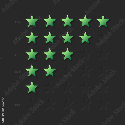 Rating Stars Vector Dark Neumorphic Design Elements Set On Dark Background. Customer Product Rating Review Or Game Achievement Neumorphism Style Green And Empty Star Icons