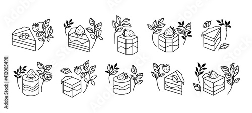Hand drawn cake, pastry, and bakery logo elements in linear style and isolated white background