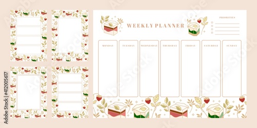 Set of weekly planner, daily to do list, notepad templates, school scheduler with hand drawn cake, floral, and strawberry elements