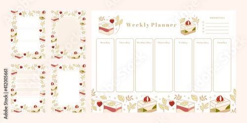 Set of weekly planner, daily to do list, notepad templates, school scheduler with hand drawn cake, floral, and strawberry elements