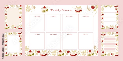 Set of weekly planner, daily to do list, notepad templates, school scheduler with hand drawn cake, floral, and strawberry elements