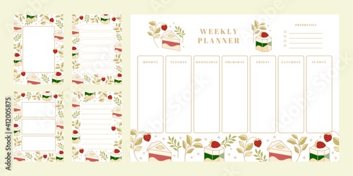Set of weekly planner, daily to do list, notepad templates, school scheduler with hand drawn cake, floral, and strawberry elements